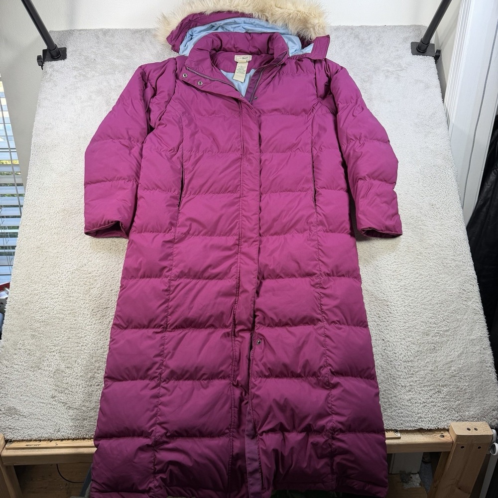 LL Bean Parka Jacket Womens Large Purple Down Puffer Fur Hooded Insulated Lined